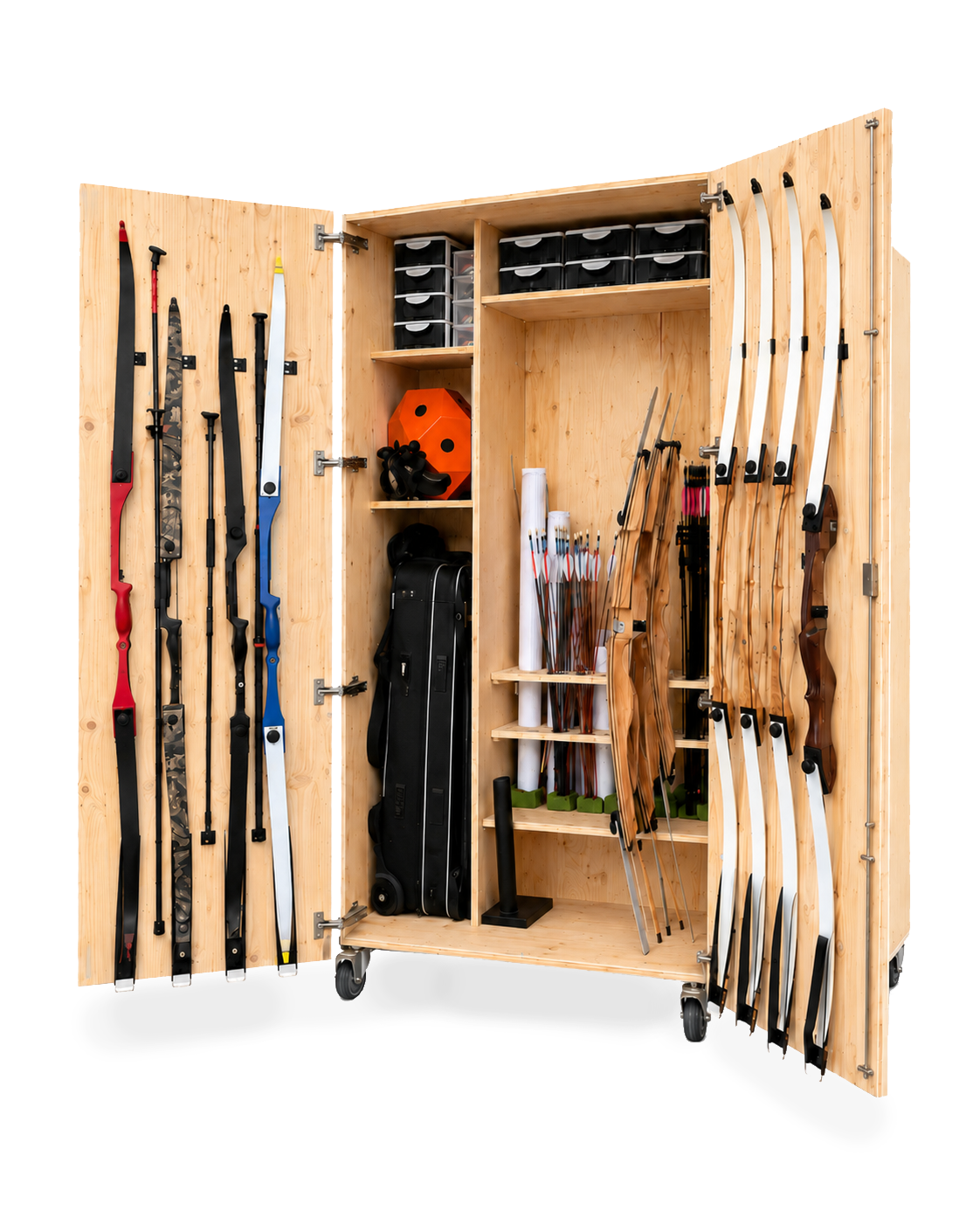 QIX Archery — geöffneter mobiler Bogensport-Schrank mit eingeräumten Bögen, Pfeilen und Equipment